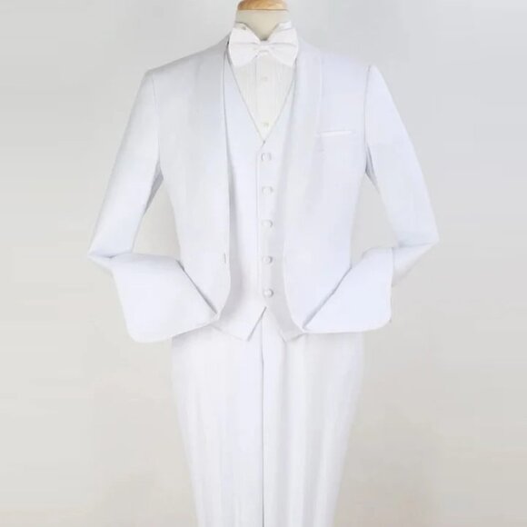 All White Mens Tuxedo - Wedding Suit - Mens One Button Modern Fit Vested Shawl T - Picture 1 of 2